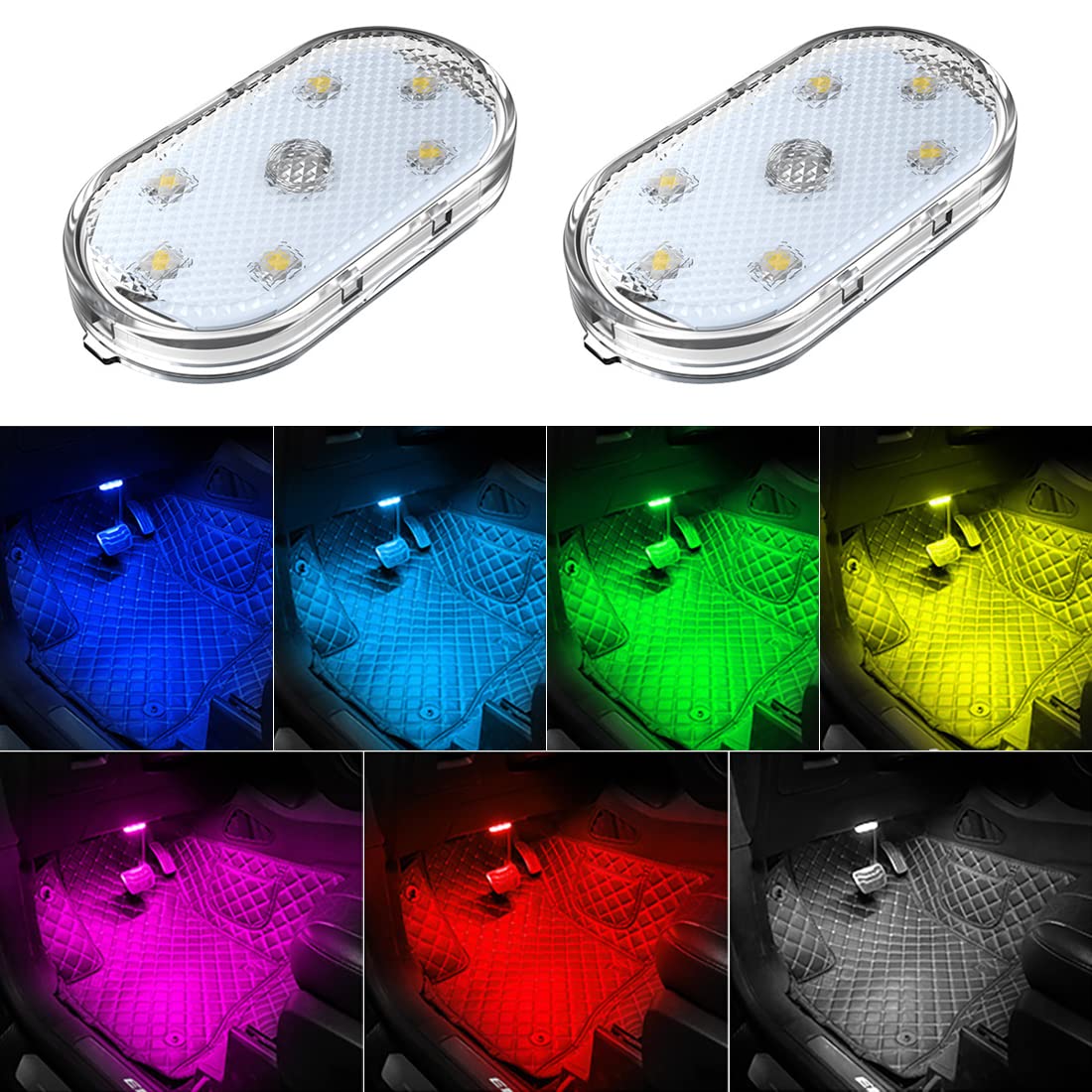 2 Pcs Car Led Lights Interior,7 Colors Ambient Lighting Car Interior,Usb Rechargeable Car Interior Reading Light,Car Sound Control Light,Music Sync Color Change Portable Led Lights For Car